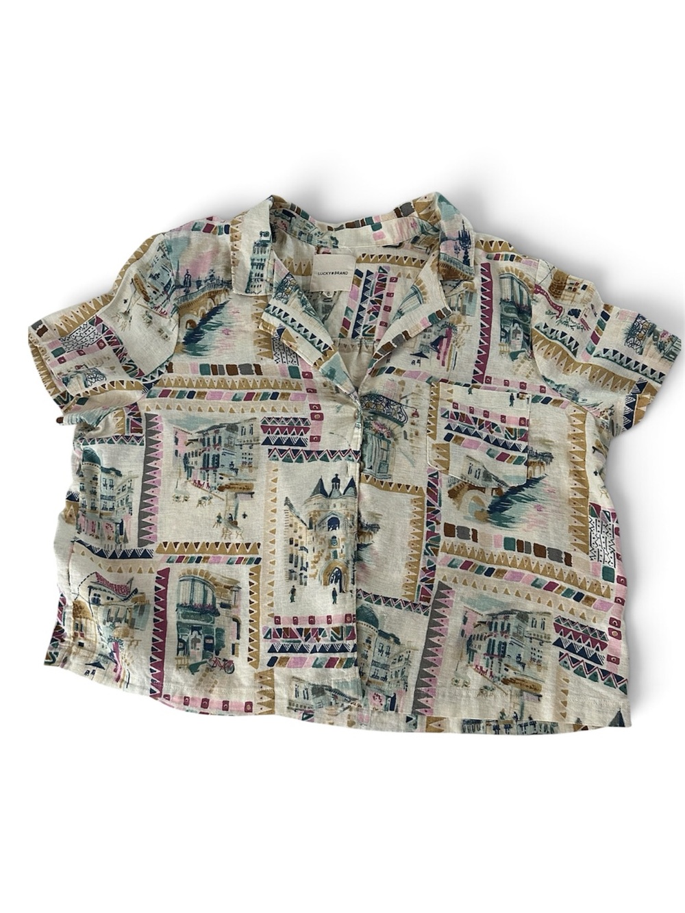 Lucky Brand White Top with Blue, Pink and Tan Print